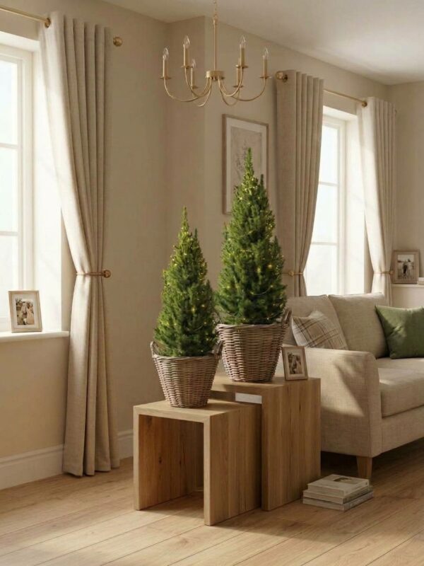 Conica kerstboompjes op houten bijzettafels in woonkamer Conica kerstboom in pot