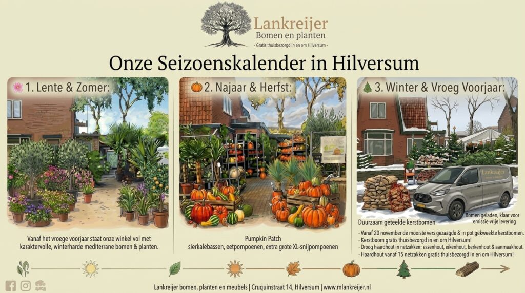 Seizoenskalender van winkel Lankreijer aan de Cruquiusstraat 14 in Hilversum: Lente & Zomer mediterrane bomen, Najaar Pumpkin Patch pompoenen en Winter duurzame kerstbomen met gedroogd haardhout.